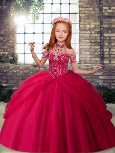 Elegant Hot Pink Sleeveless Floor Length Beading Lace Up Pageant Gowns For Girls
