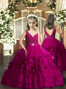 Enchanting Fuchsia Sleeveless Beading Floor Length Pageant Dress