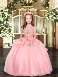 Pink Organza Lace Up Pageant Dress for Teens Sleeveless Floor Length Beading and Ruffles