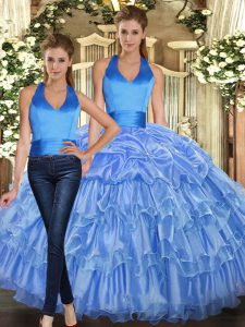 Baby Blue Ball Gowns Ruffles and Pick Ups Ball Gown Prom Dress Lace Up Organza Sleeveless Floor Length