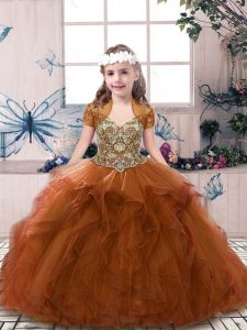 Beading and Ruffles Little Girl Pageant Dress Rust Red Lace Up Sleeveless Floor Length