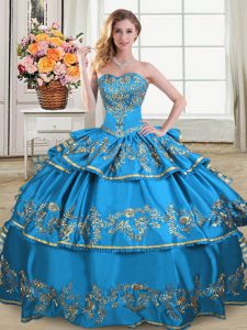 Embroidery and Ruffled Layers Ball Gown Prom Dress Blue Lace Up Sleeveless Floor Length