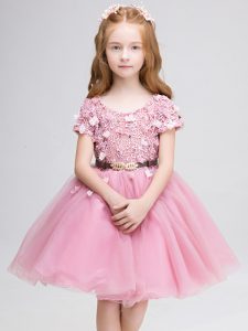 Excellent Pink Scoop Neckline Lace and Belt Pageant Dress for Girls Short Sleeves Lace Up