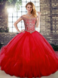 Sweet Red Lace Up Sweet 16 Dress Beading and Ruffles Sleeveless Floor Length