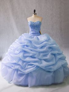 Super Light Blue Ball Gowns Organza Sweetheart Sleeveless Beading and Pick Ups Lace Up 15th Birthday Dress