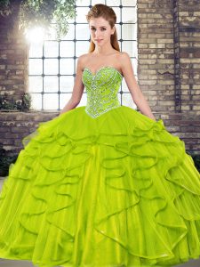 Olive Green Sleeveless Tulle Lace Up 15th Birthday Dress for Military Ball and Sweet 16 and Quinceanera