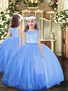 Blue Tulle Zipper Scoop Sleeveless Floor Length Custom Made Pageant Dress Lace