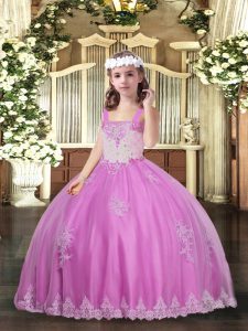 Straps Sleeveless Little Girls Pageant Gowns Floor Length Appliques Lilac Tulle