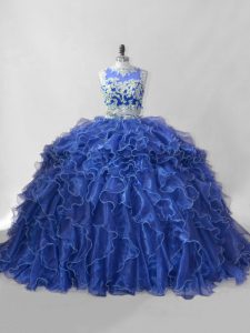 Blue Sleeveless Brush Train Beading and Ruffles Quinceanera Dresses