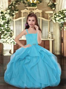 Perfect Ball Gowns Little Girl Pageant Gowns Blue Straps Tulle Sleeveless Floor Length Lace Up