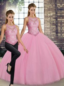 Pink Two Pieces Embroidery Ball Gown Prom Dress Lace Up Tulle Sleeveless Floor Length