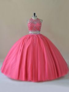 Noble Halter Top Sleeveless Quinceanera Dresses Floor Length Beading Coral Red Tulle
