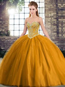 Brown Lace Up Sweetheart Beading Quince Ball Gowns Tulle Sleeveless Brush Train