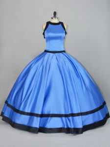 Admirable Blue Satin Lace Up Scoop Sleeveless Floor Length 15th Birthday Dress Ruching