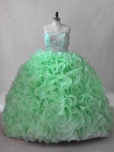 Sleeveless Fabric With Rolling Flowers Brush Train Lace Up Quinceanera Dresses for Sweet 16 and Quinceanera