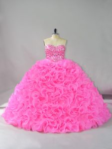 Hot Pink Lace Up Sweetheart Beading and Ruffles 15 Quinceanera Dress Fabric With Rolling Flowers Sleeveless