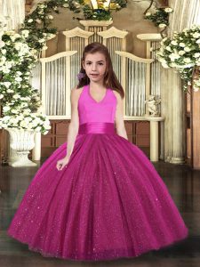 Hot Selling Fuchsia Halter Top Neckline Ruching Little Girl Pageant Gowns Sleeveless Lace Up