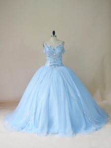 Light Blue Sleeveless Brush Train Beading Quinceanera Dress