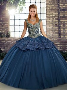 Navy Blue Ball Gowns Beading and Appliques Sweet 16 Dresses Lace Up Tulle Sleeveless Floor Length