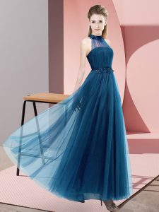 Floor Length Blue Court Dresses for Sweet 16 Tulle Sleeveless Beading and Appliques
