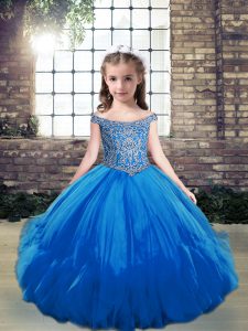 Floor Length Lace Up Pageant Dresses Blue for Party and Wedding Party with Beading