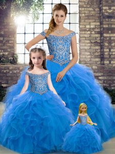 Latest Blue Ball Gowns Off The Shoulder Sleeveless Tulle Brush Train Lace Up Beading and Ruffles Quinceanera Dresses
