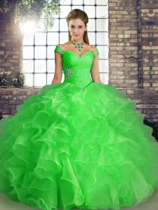 Hot Sale Off The Shoulder Sleeveless Sweet 16 Quinceanera Dress Floor Length Beading and Ruffles Green Organza