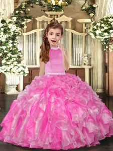 Floor Length Backless High School Pageant Dress Rose Pink for Party and Sweet 16 and Wedding Party with Beading and Ruffles
