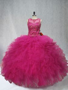 High Quality Fuchsia Scoop Lace Up Beading and Ruffles Quinceanera Gowns Sleeveless