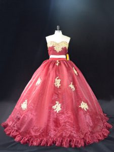 Zipper Quinceanera Gown Red and Burgundy for Sweet 16 and Quinceanera with Appliques