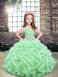 Dazzling Apple Green Little Girls Pageant Dress Wholesale Party and Military Ball and Wedding Party with Beading and Ruffles Straps Sleeveless Lace Up