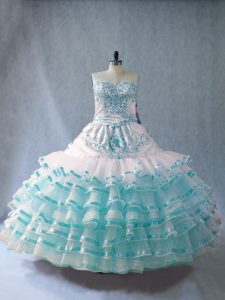 Designer Blue And White Lace Up Sweetheart Embroidery and Ruffled Layers Sweet 16 Dress Organza Sleeveless