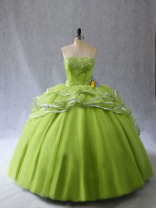 Nice Yellow Green Sleeveless Brush Train Appliques and Ruffles Vestidos de Quinceanera