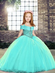 Aqua Blue Straps Neckline Beading Little Girls Pageant Gowns Sleeveless Lace Up