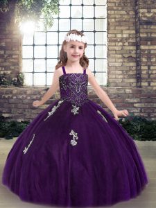 Floor Length Purple Little Girls Pageant Gowns Tulle Sleeveless Appliques