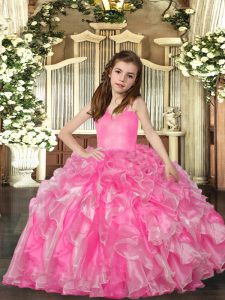 Rose Pink Straps Lace Up Ruffles Child Pageant Dress Sleeveless
