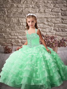 Organza Sleeveless Little Girls Pageant Gowns Brush Train and Beading and Ruffled Layers