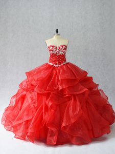 Sleeveless Floor Length Beading and Ruffles Lace Up Sweet 16 Dress with Red