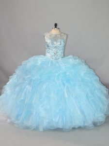 Scalloped Sleeveless Organza Quince Ball Gowns Beading and Ruffles Lace Up
