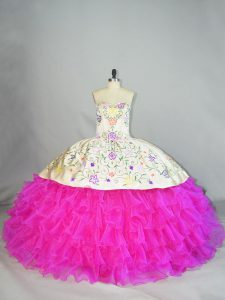 Traditional Fuchsia Ball Gowns Embroidery and Ruffled Layers Sweet 16 Quinceanera Dress Lace Up Organza Sleeveless