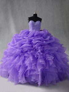 Trendy Lavender Organza Lace Up Quinceanera Dresses Sleeveless Floor Length Beading and Ruffles