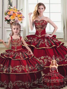 Nice Ball Gowns Sweet 16 Dress Wine Red Sweetheart Satin and Organza Sleeveless Floor Length Lace Up