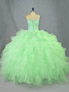 Low Price Green Ball Gowns Organza Sweetheart Sleeveless Beading and Ruffles Floor Length Lace Up Sweet 16 Dresses