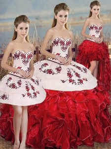 Embroidery and Ruffles and Bowknot Quinceanera Dress White And Red Lace Up Sleeveless Floor Length