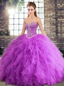 Lavender Ball Gowns Tulle Sweetheart Sleeveless Beading and Ruffles Floor Length Lace Up Ball Gown Prom Dress