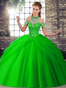 Green Ball Gowns Beading and Pick Ups Ball Gown Prom Dress Lace Up Tulle Sleeveless