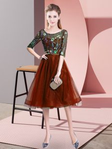 Pretty Rust Red Vestidos de Damas Wedding Party with Embroidery Scoop Half Sleeves Lace Up