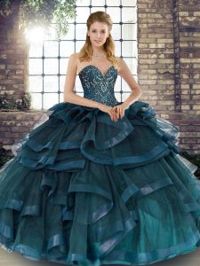 Luxury Teal Tulle Lace Up Quinceanera Dresses Sleeveless Floor Length Beading and Ruffles
