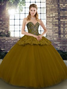 Sweetheart Sleeveless Ball Gown Prom Dress Floor Length Beading and Appliques Brown Tulle