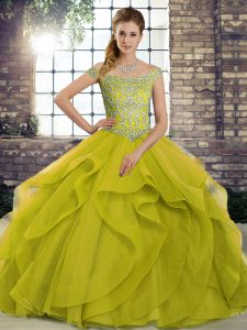 Sleeveless Beading and Ruffles Lace Up 15 Quinceanera Dress with Olive Green Brush Train